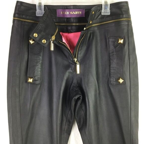 Lilly Sarti Lambskin Leather Moto Pants Size 40 Black Gold Designer Brazil - Picture 5 of 11